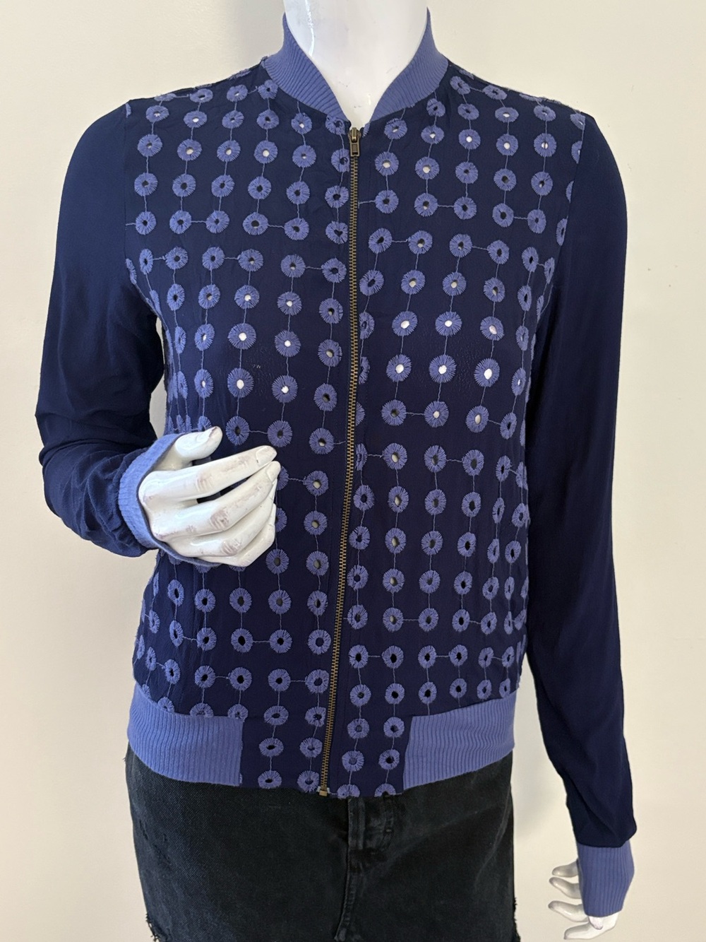 Anthropologie Brand Amadi Navy & Light Blue Circle Cutout Pattern Bomber Jacket